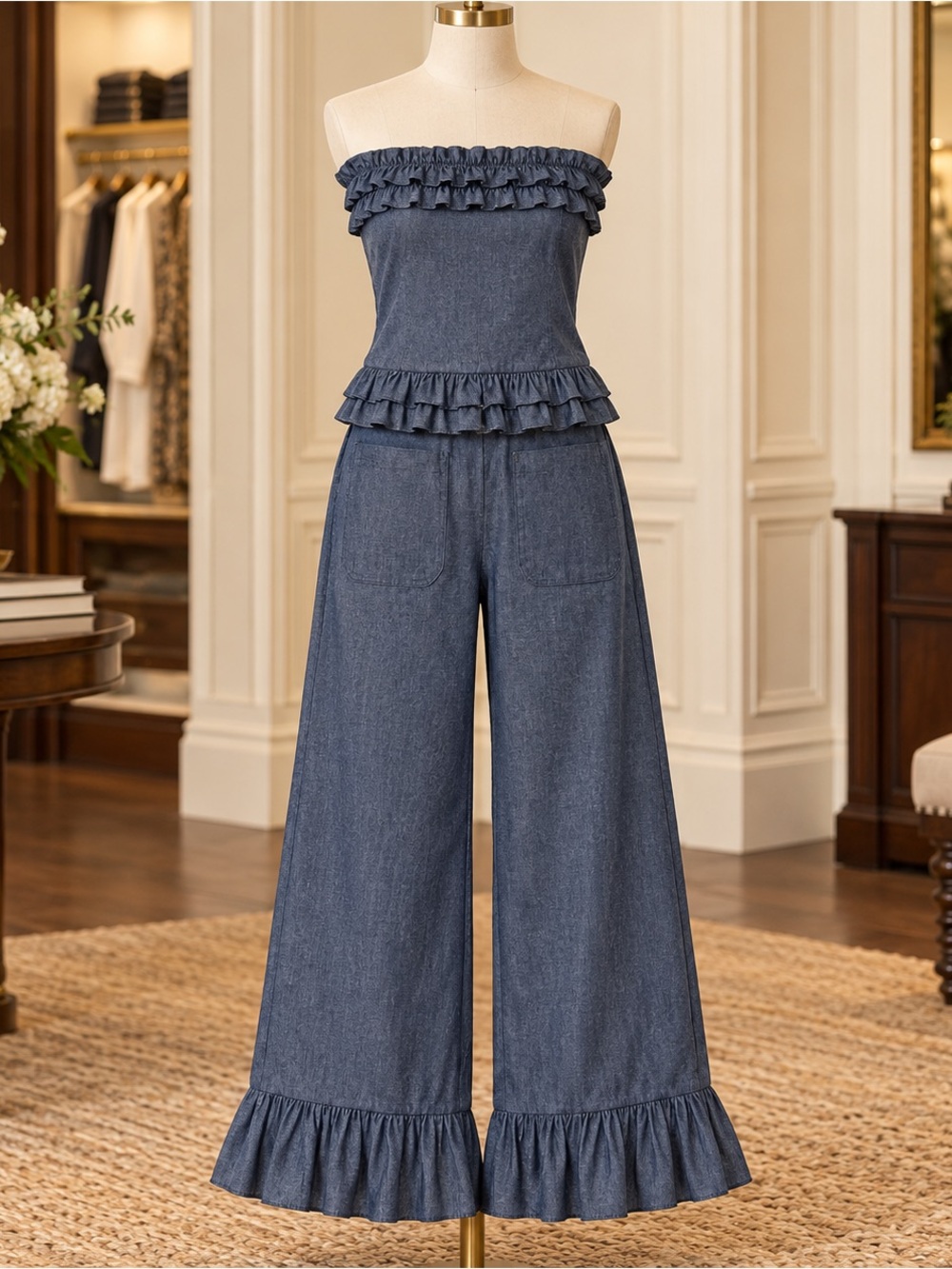 Carmen Says Women’s Chambray Ruffle Strapless Top & Wide-Leg Pants Two-Piece Set